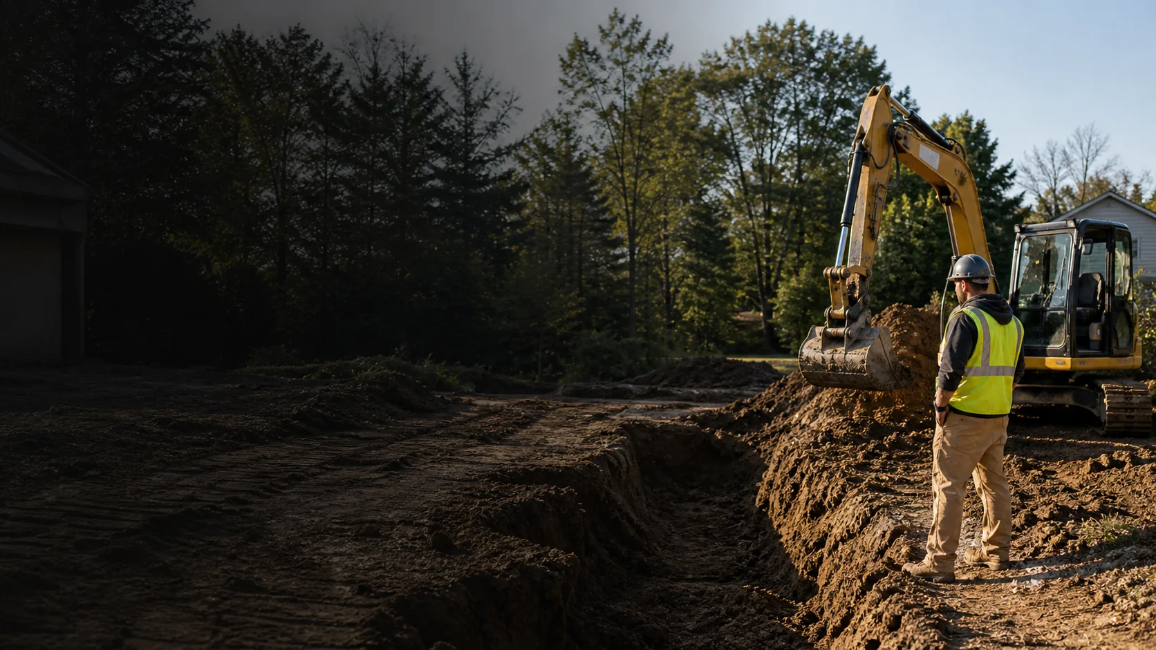 Construction crew and equipment working at an active site