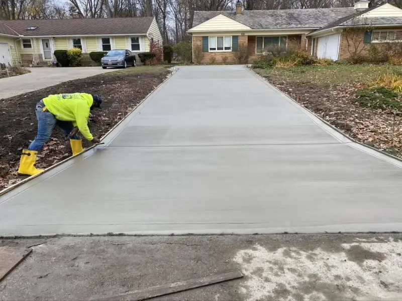 Freshly finished residential concrete driveway